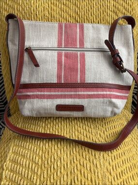 Lucky Brand Canvas Crossbody with Red Stripe and Brown Leather Trim